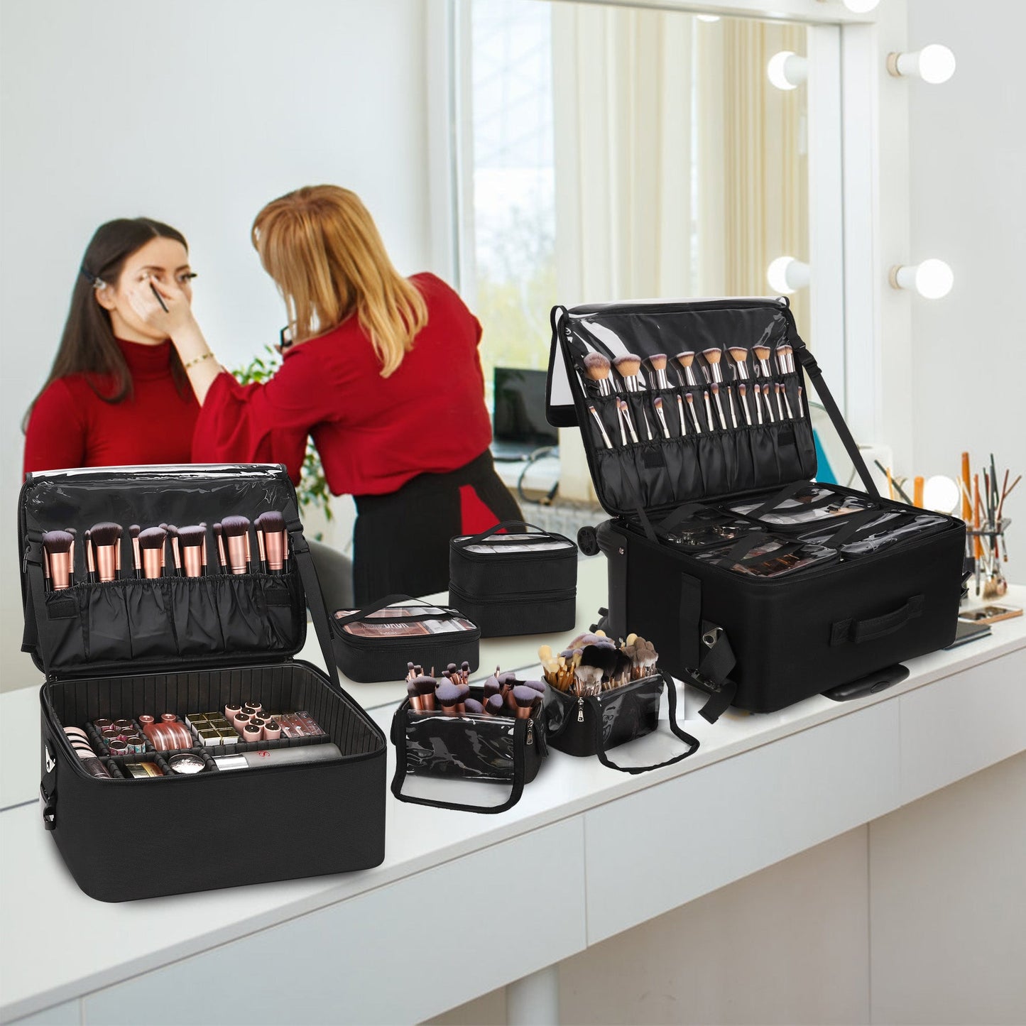 New 360° Rolling Extra Large 4 in 1 Makeup Case with 7 Small Bag and lipstick panels