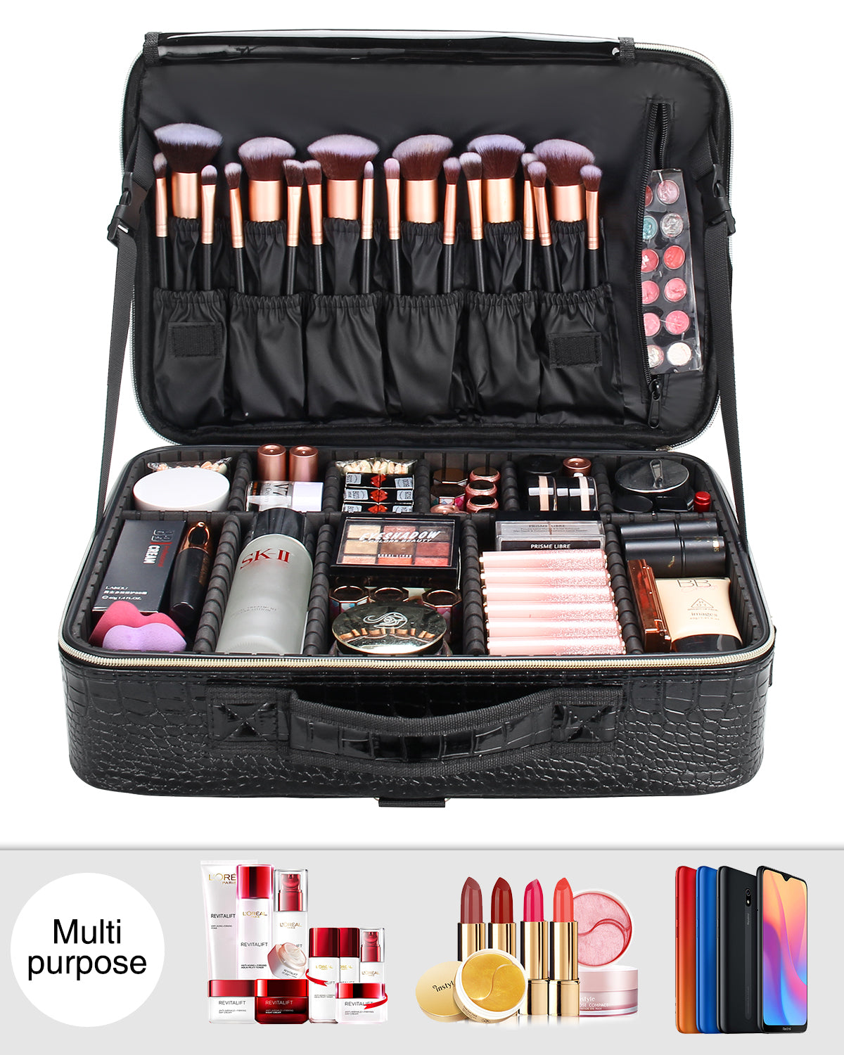 Black Large Crocodile Skin Texture Makeup Case