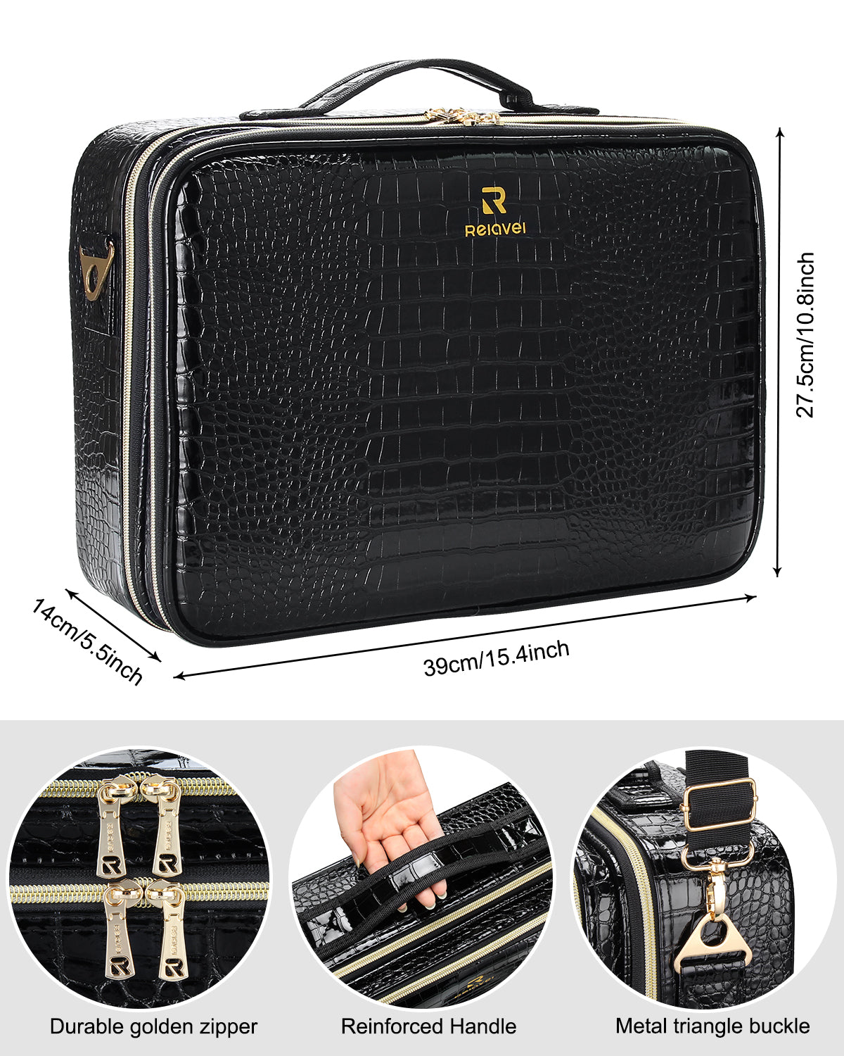 Black Large Crocodile Skin Texture Makeup Case