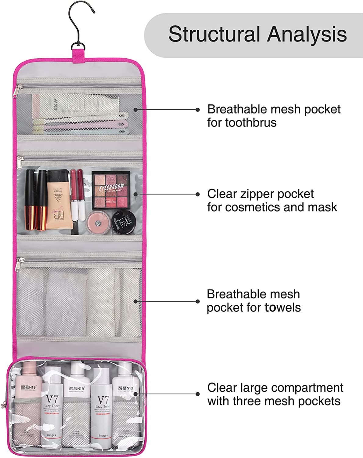 Relavel Travel Hanging Toiletry Bag(Hot Pink)