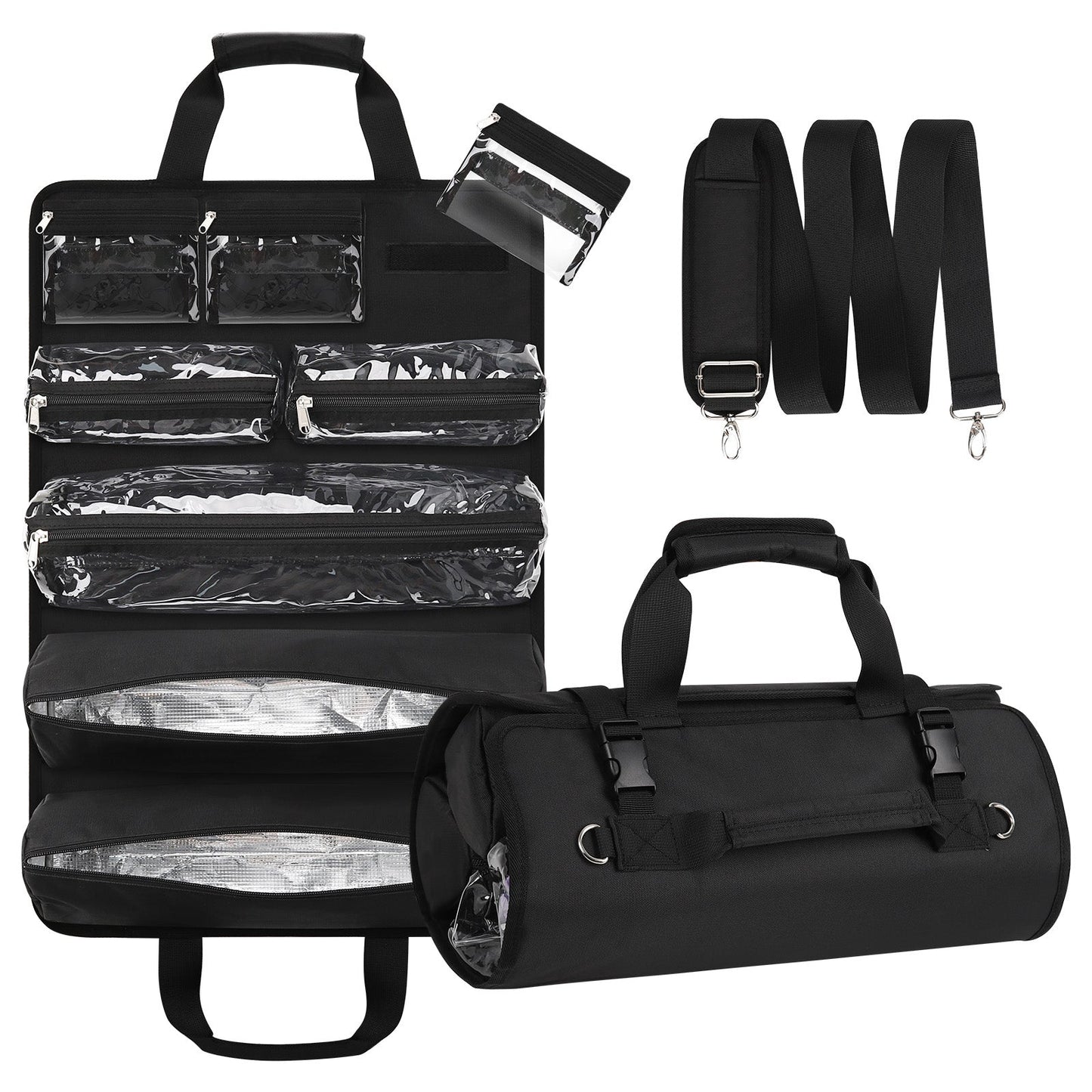 Hairstylist Traveling Roll Up Tool Bag with 8 Detachable Zipper Pouch, Heat Resistant Lining