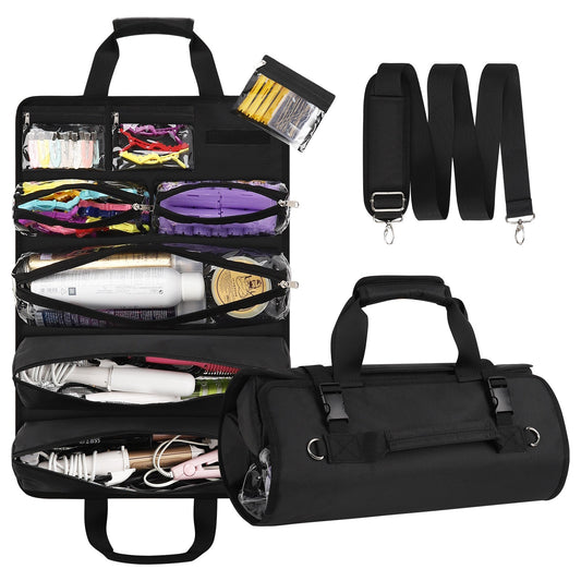 Hairstylist Traveling Roll Up Tool Bag with 8 Detachable Zipper Pouch, Heat Resistant Lining