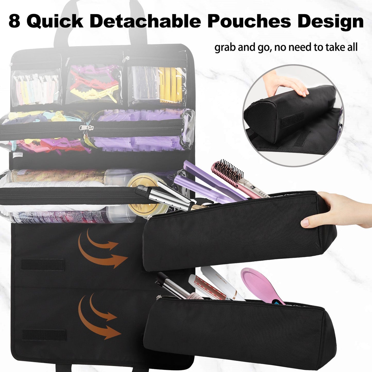 Hairstylist Traveling Roll Up Tool Bag with 8 Detachable Zipper Pouch, Heat Resistant Lining