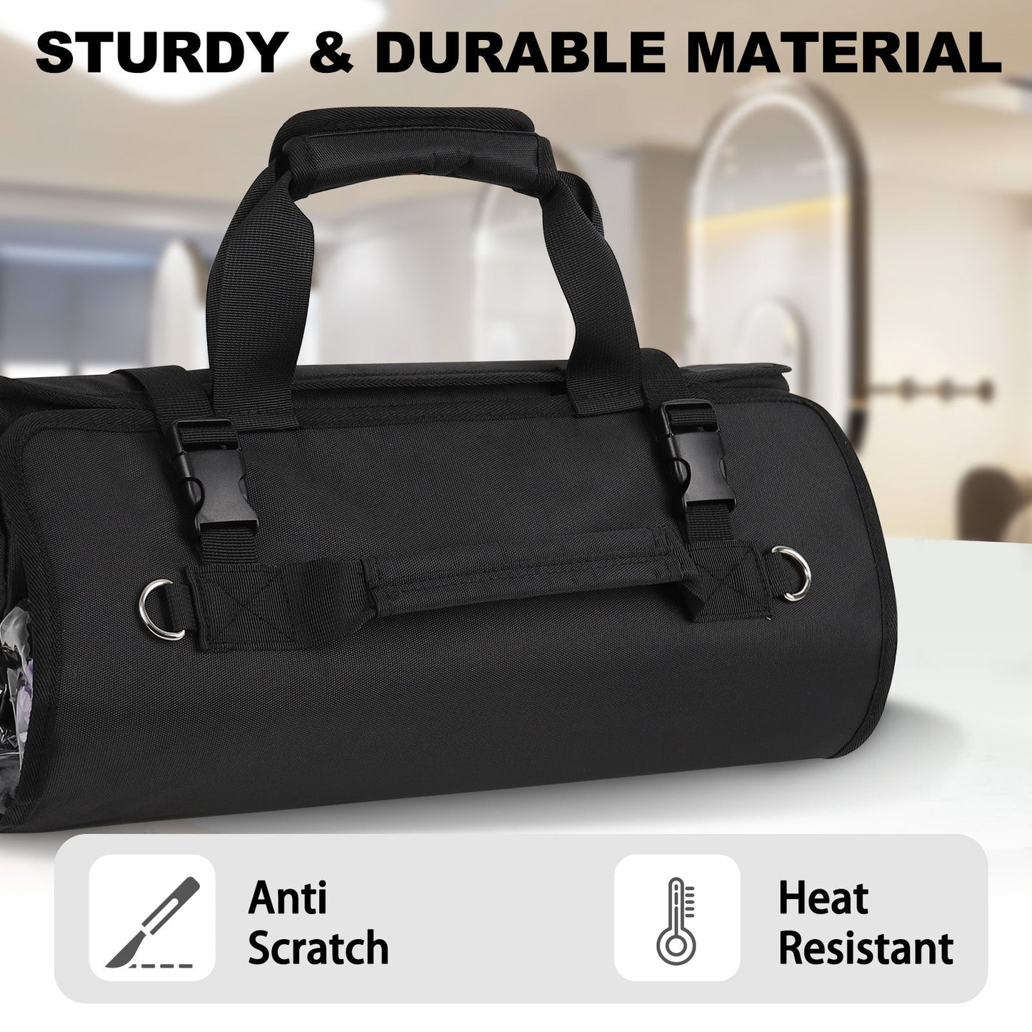 Hairstylist Traveling Roll Up Tool Bag with 8 Detachable Zipper Pouch, Heat Resistant Lining