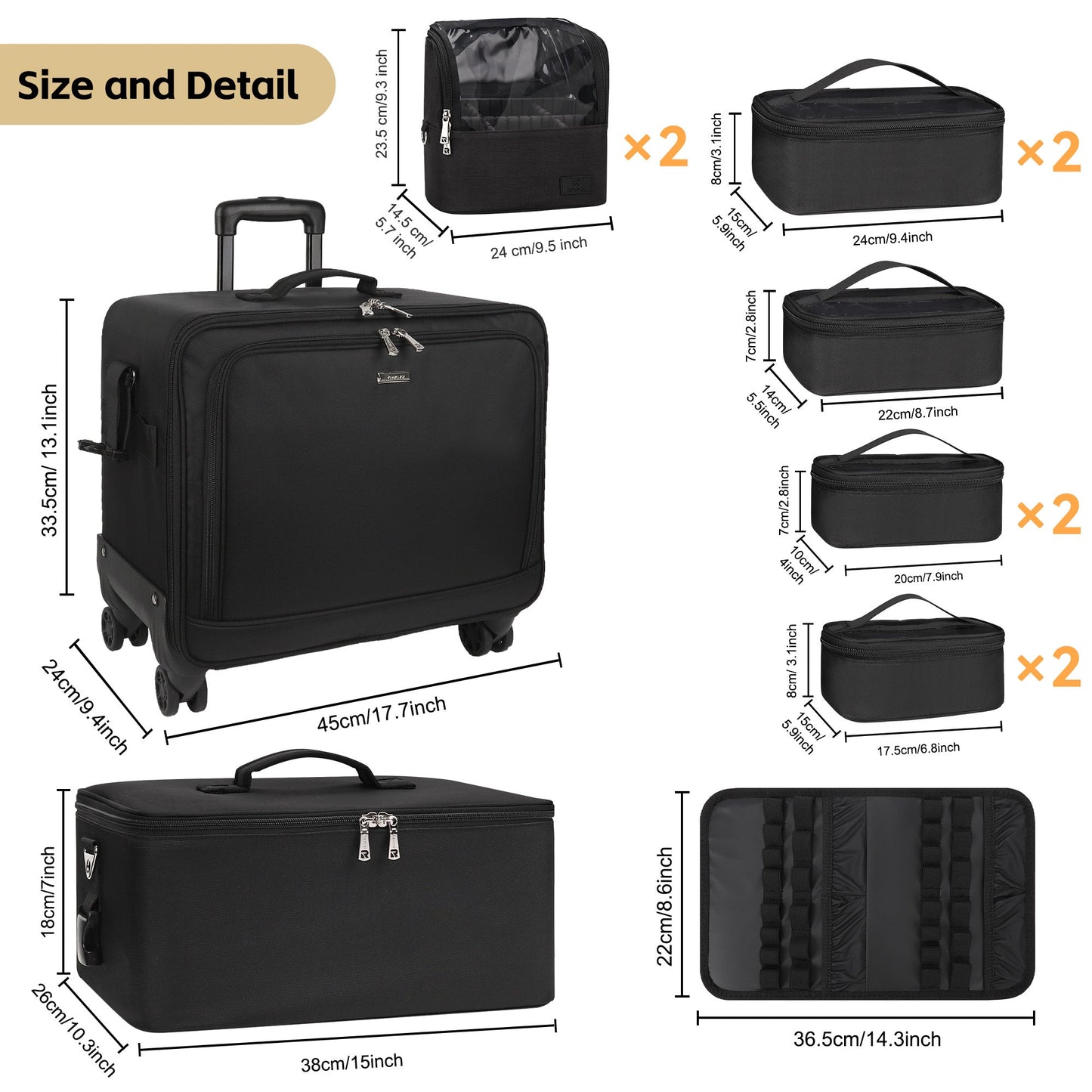 New 360° Rolling Extra Large 4 in 1 Makeup Case with 7 Small Bag and lipstick panels