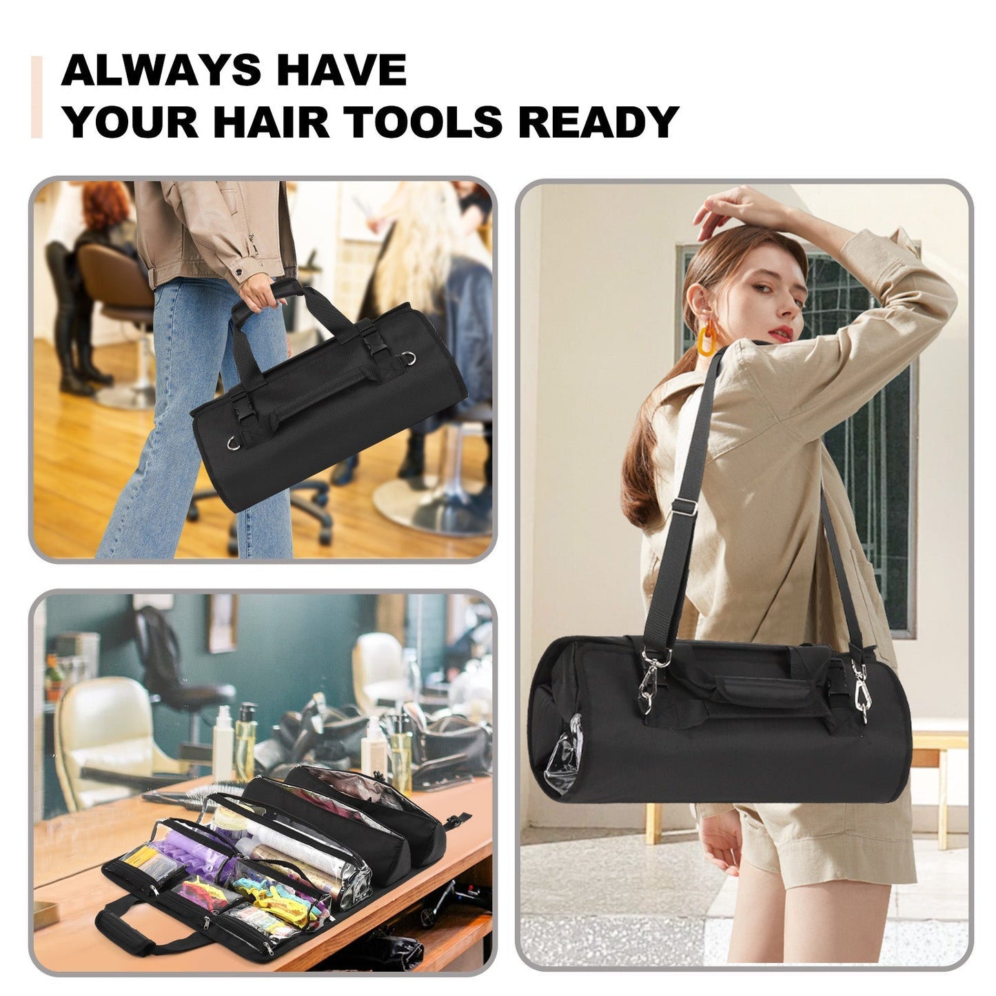 Hairstylist Traveling Roll Up Tool Bag with 8 Detachable Zipper Pouch, Heat Resistant Lining