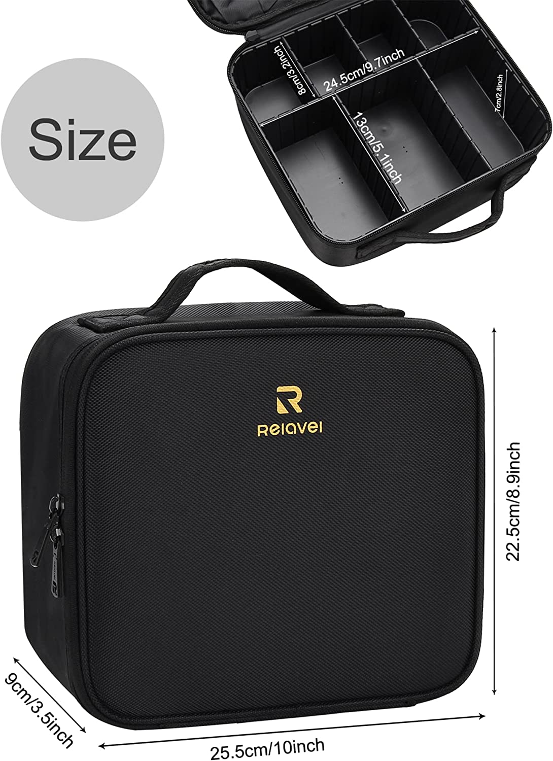 Black small makeup case with Plastic Adjustable Dividers