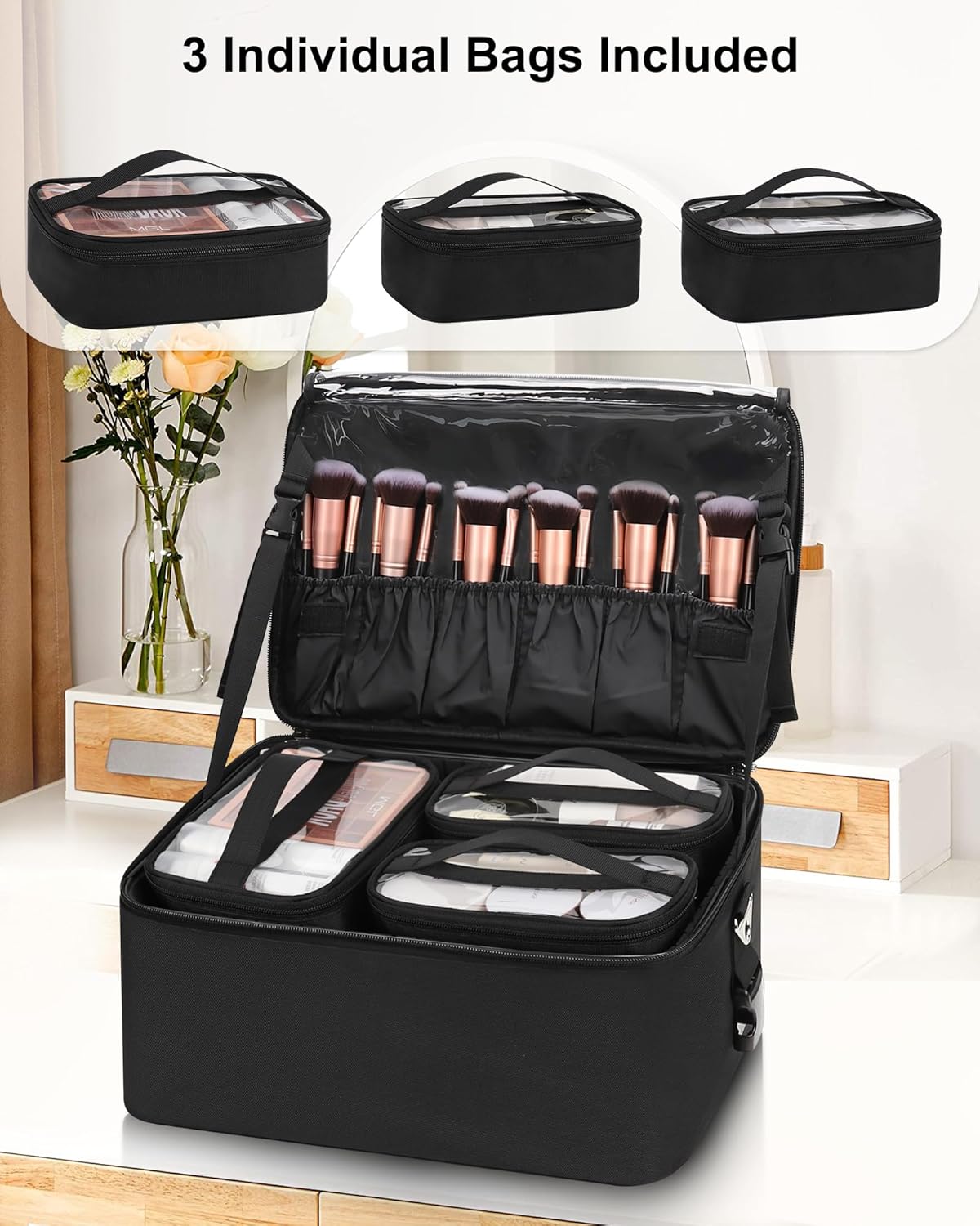 Large Makeup Case with 3 Clear Bags and Lipstick Plate