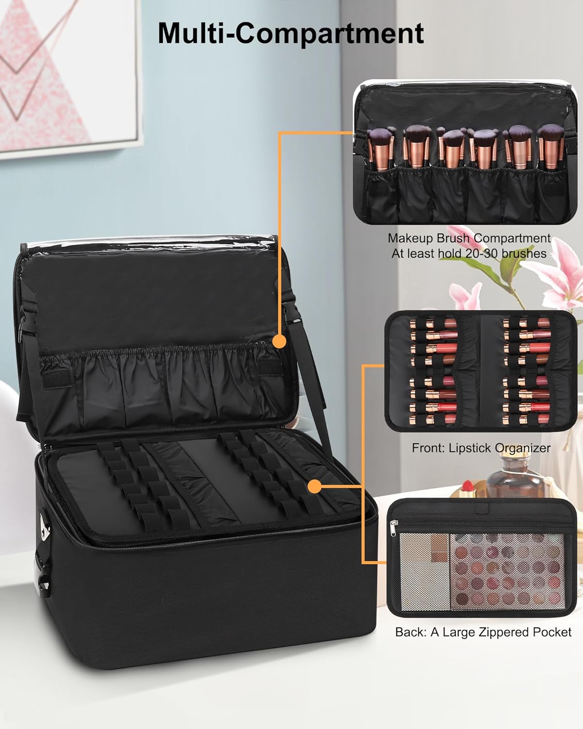 Large Makeup Case with 3 Clear Bags and Lipstick Plate