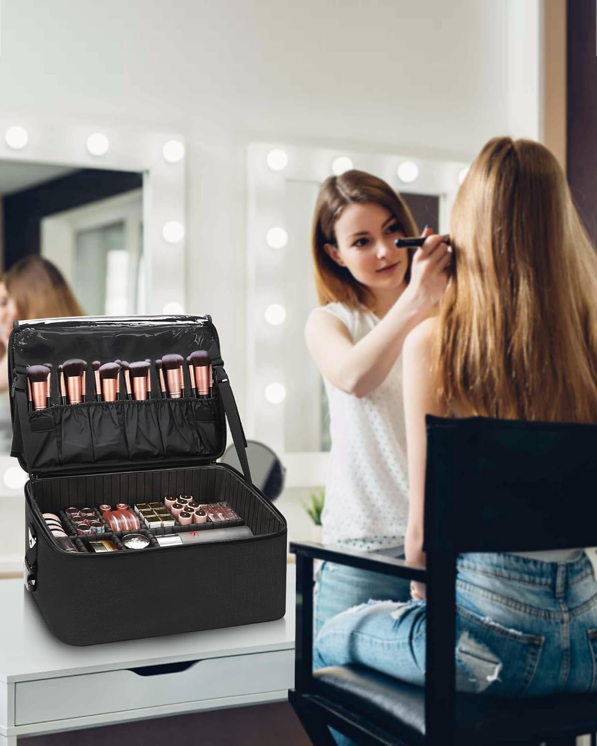 Large Makeup Case with 3 Clear Bags and Lipstick Plate