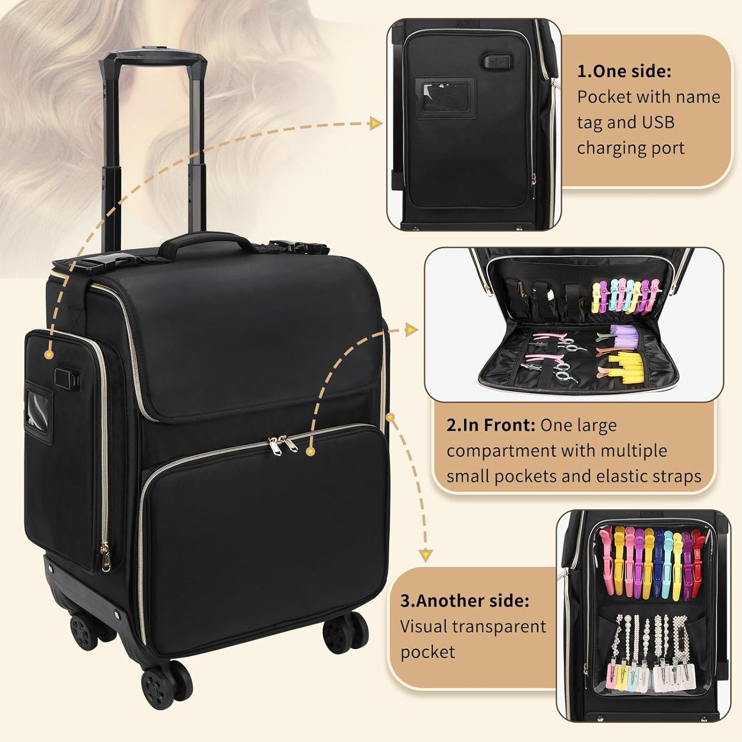 Hairstylist Traveling Case with four 360° Rotatable Wheels