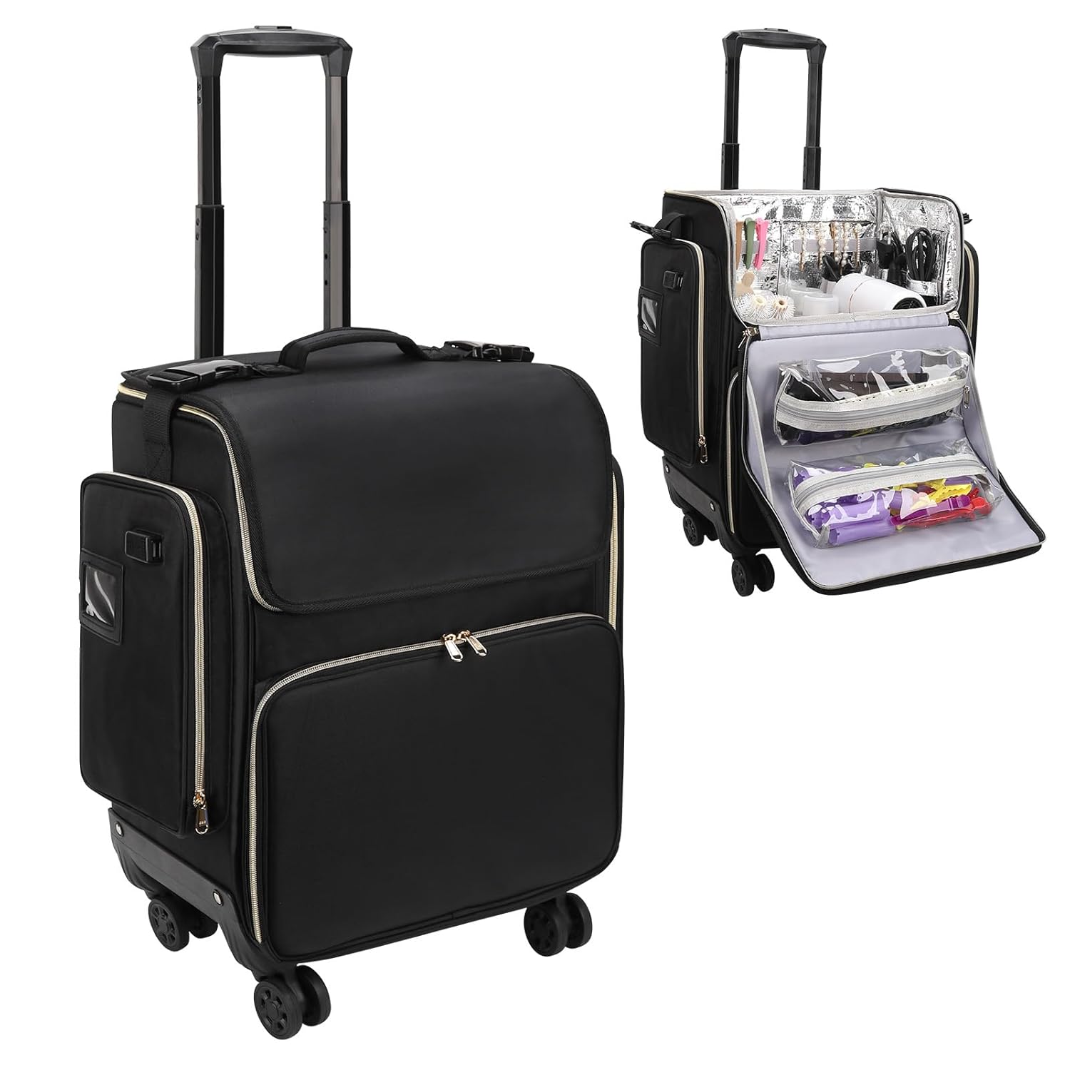 Relavel Hairstylist Traveling Case with 360° Rotatable Wheels,Cosmetic Makeup Trolley Train Case for Hairstylist, Hairdresser Bag with Detachable Pouch,Heat Insulation for HairdressingTool Organizer