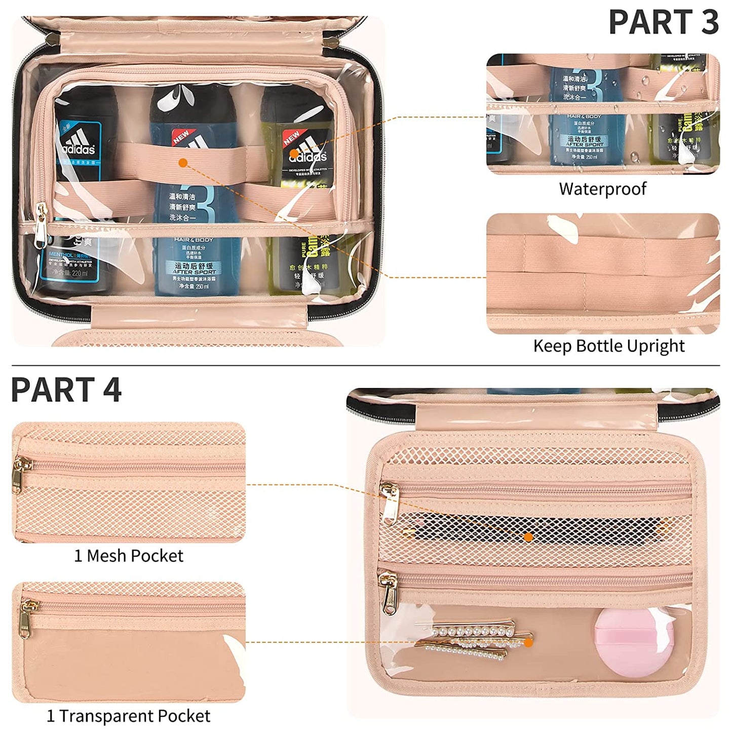 Hanging Travel Toiletry Bag with Handle and 360° Hanging Hook