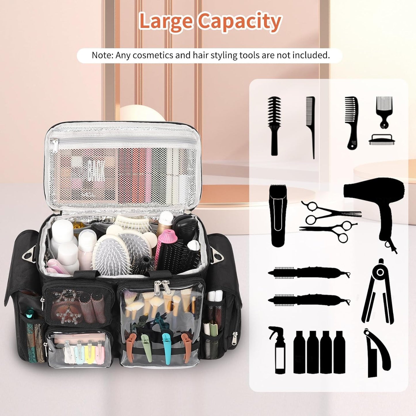 Large Capacity Hair Tools Travel Waist Bag with Multi Pockets and Adjustable Dividers