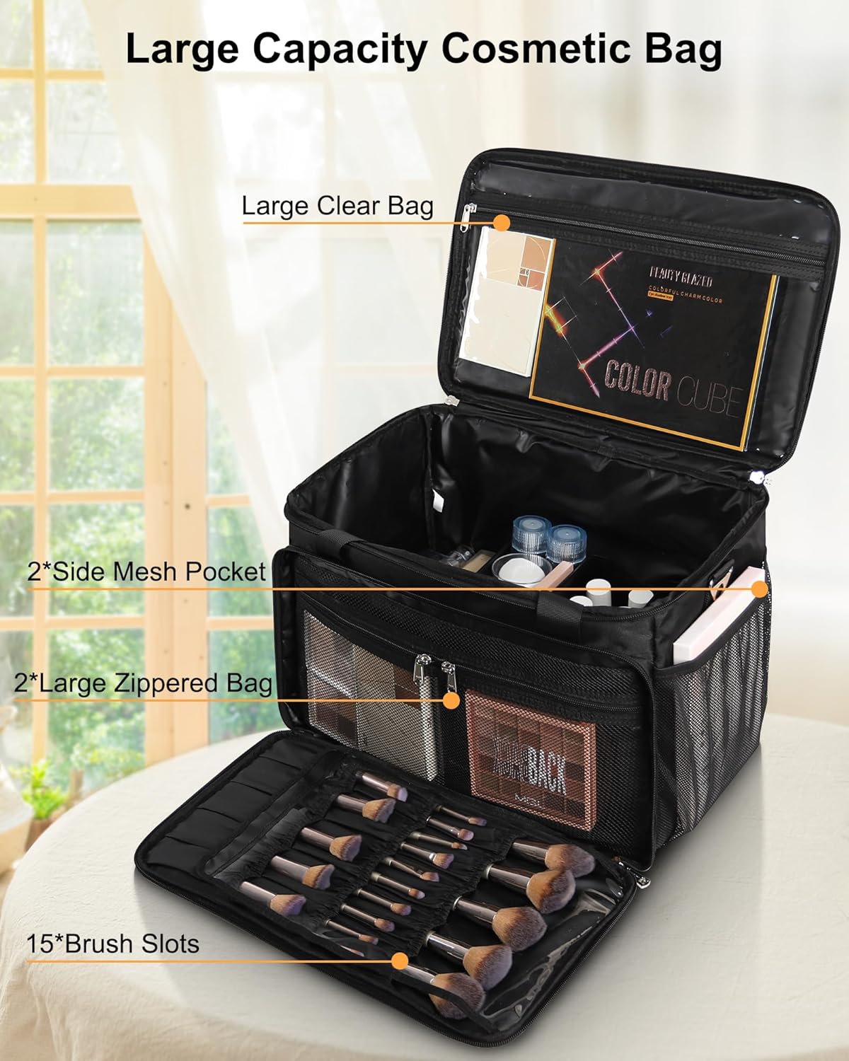 Large Makeup Bag Professional Cosmetic Bag with 4 Clear Bag