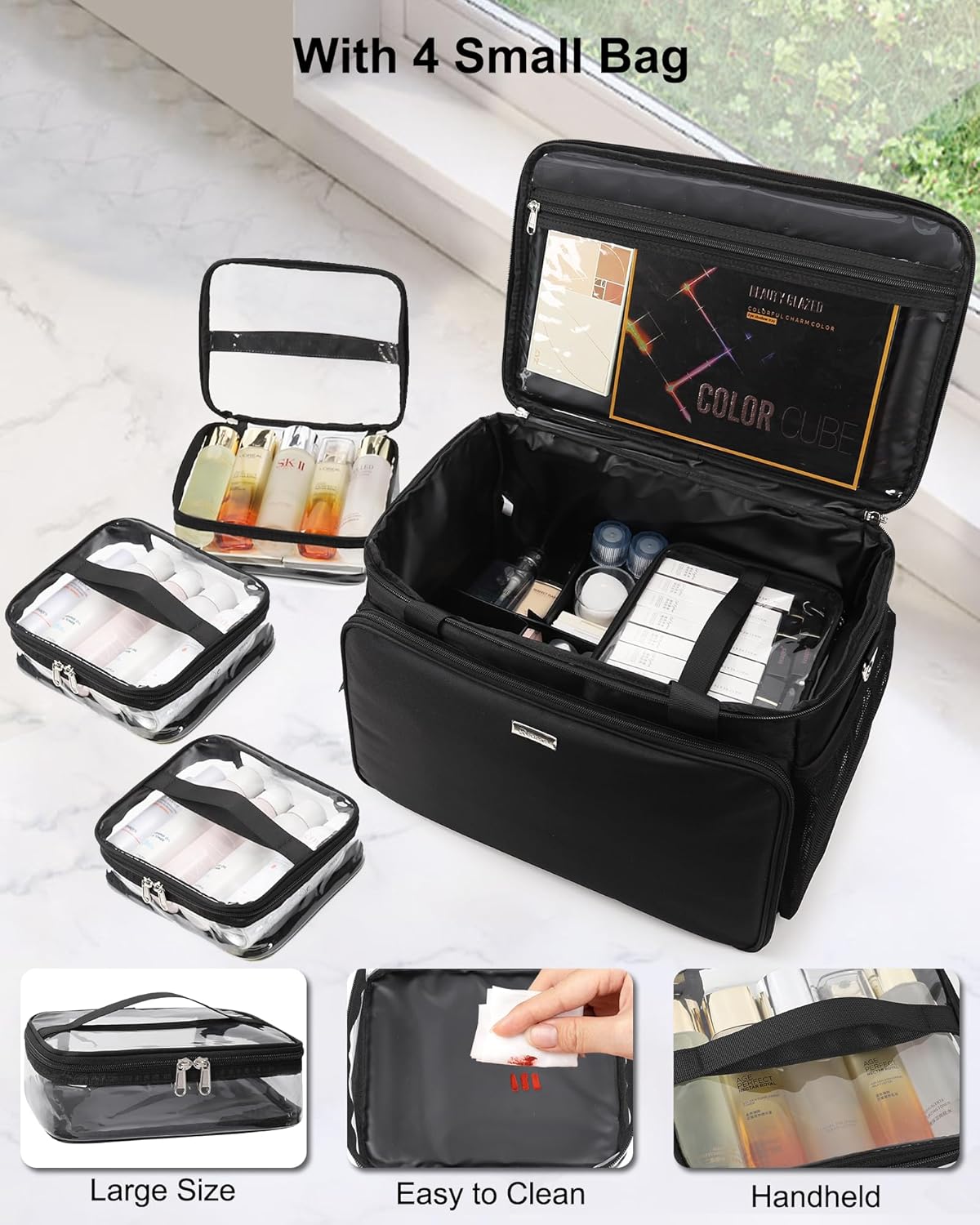 Large Makeup Bag Professional Cosmetic Bag with 4 Clear Bag