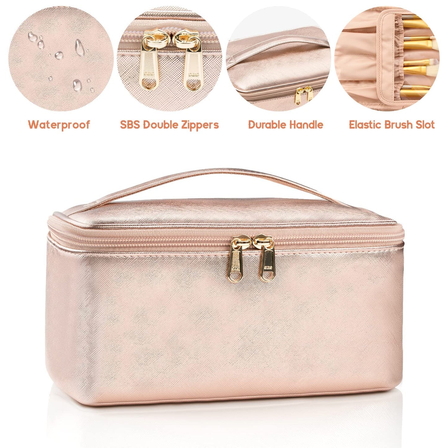 Large Portable Makeup Bag with Toiletries Brushes Slots and Divider-Rose Gold