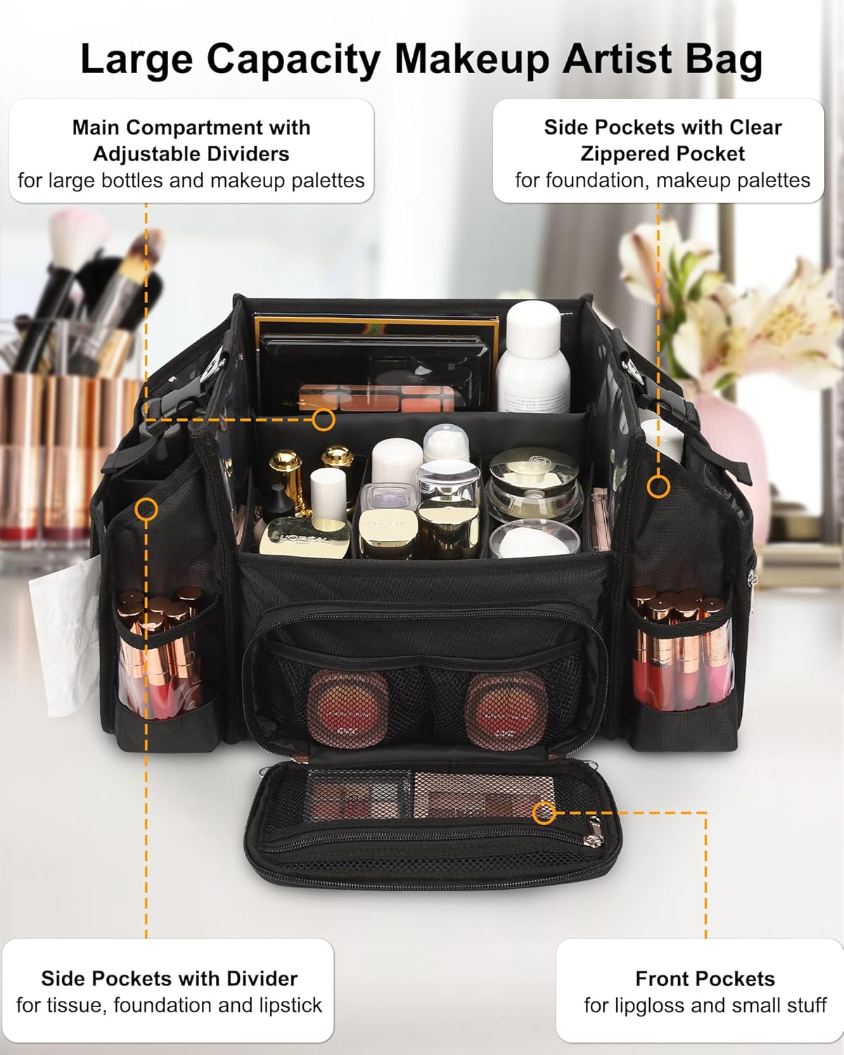 Relavel Open Design Multi-compartment Makeup Artist Set Bag with Shoulder Strap and Waist Belt