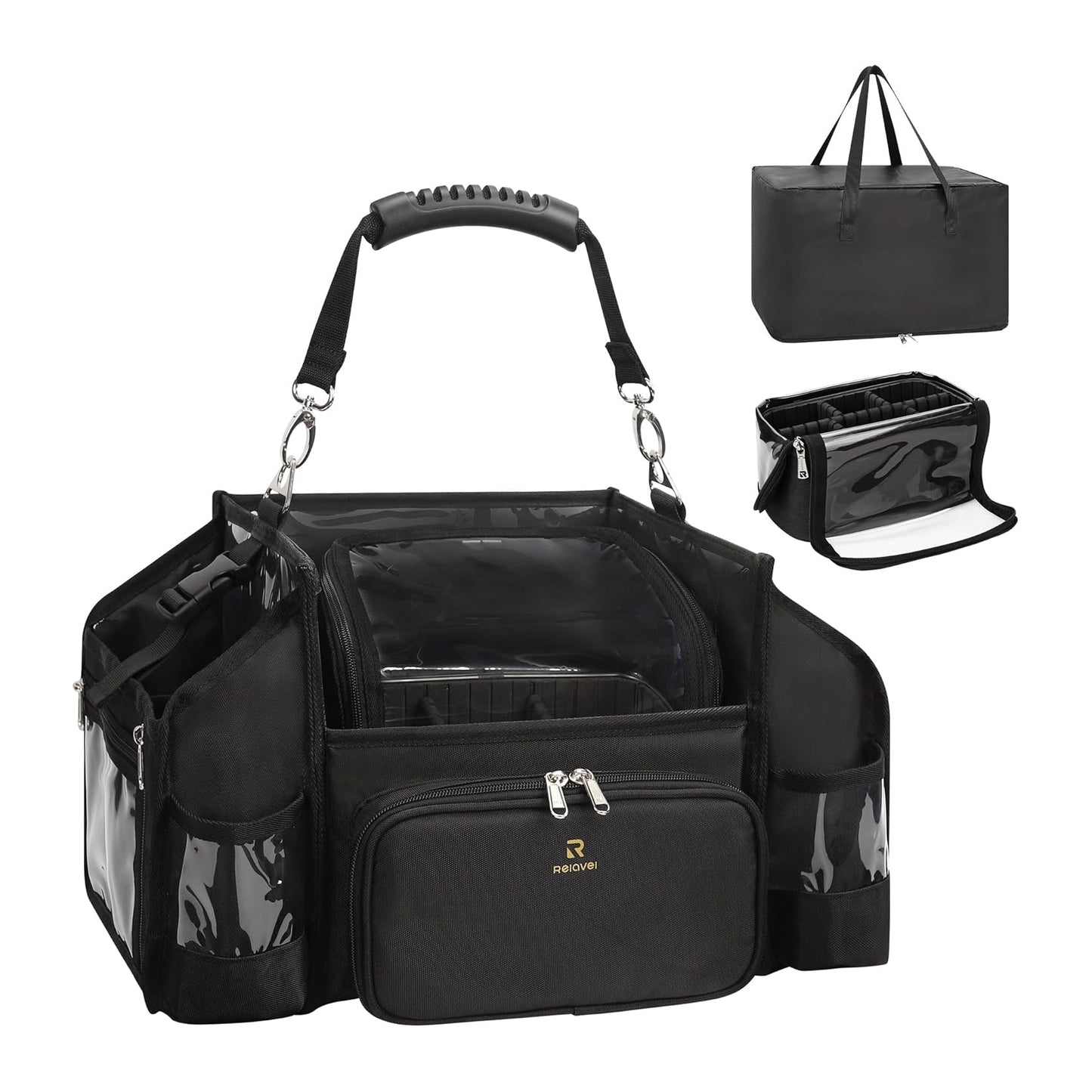 Relavel Open Design Multi-compartment Makeup Artist Set Bag with Shoulder Strap and Waist Belt