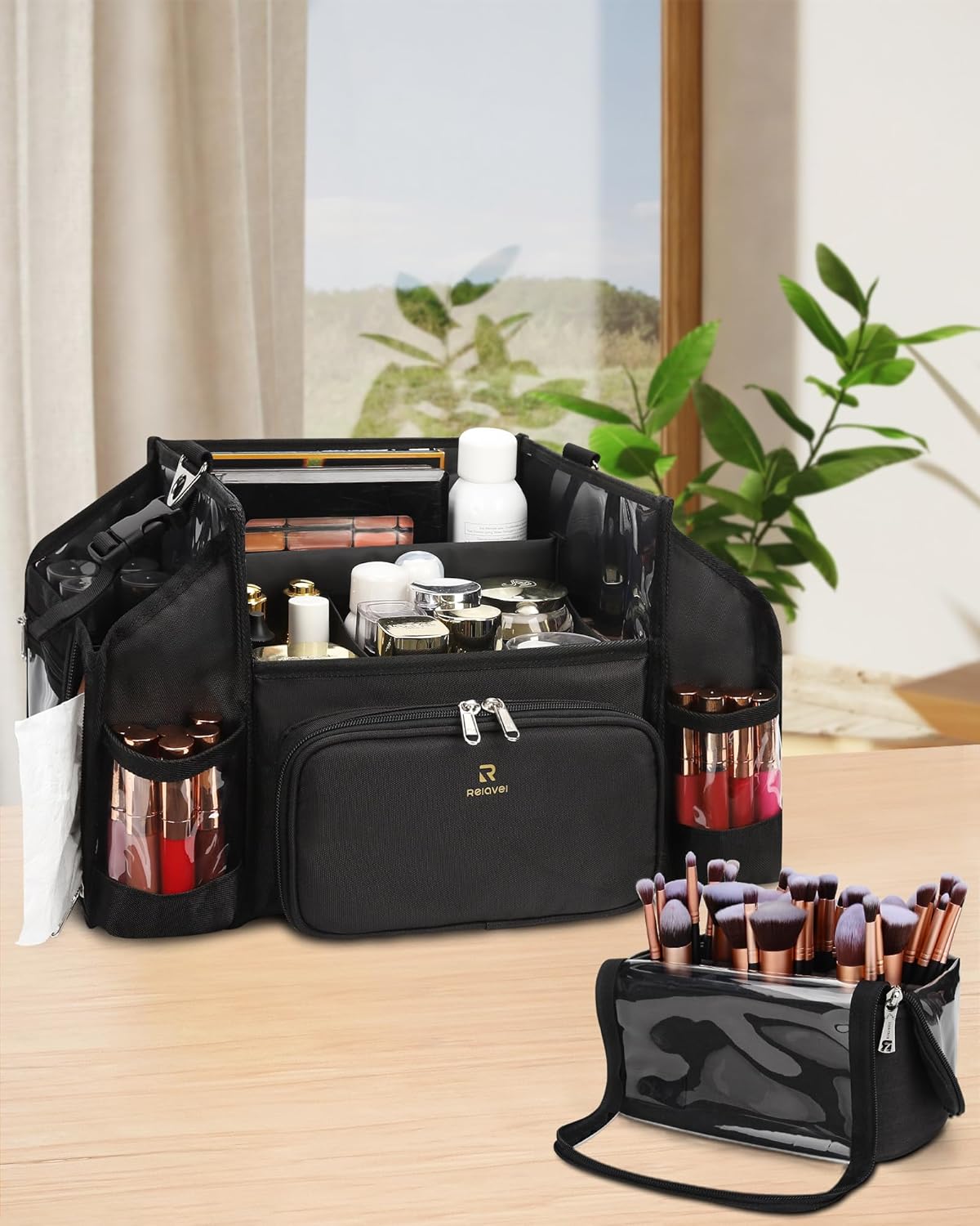 Relavel Open Design Multi-compartment Makeup Artist Set Bag with Shoulder Strap and Waist Belt