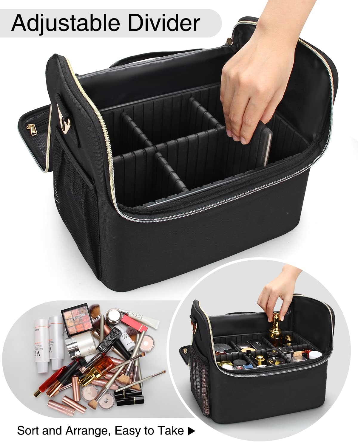 Professional Large Travel Makeup Bag with 4 Clear Bag and Adjustable Dividers and Shoulder Strap