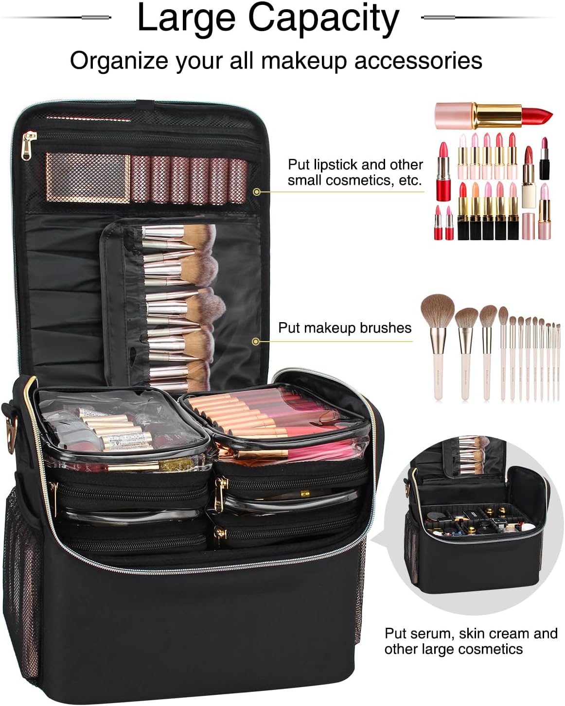 Professional Large Travel Makeup Bag with 4 Clear Bag and Adjustable Dividers and Shoulder Strap