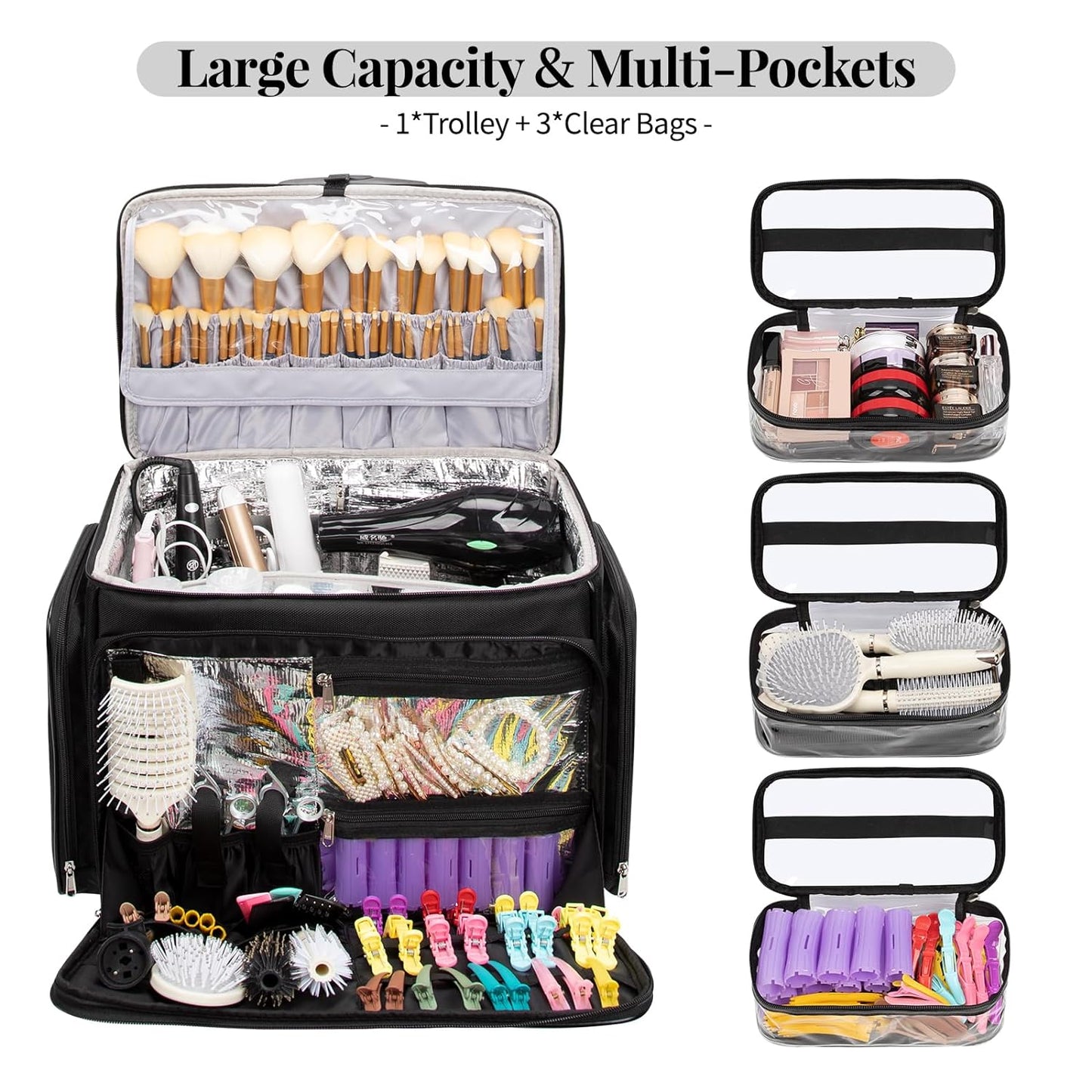 Rolling Extra Large Hairdresser Makeup Train Case with Heat Resistant Lining for Hot Hair Tools