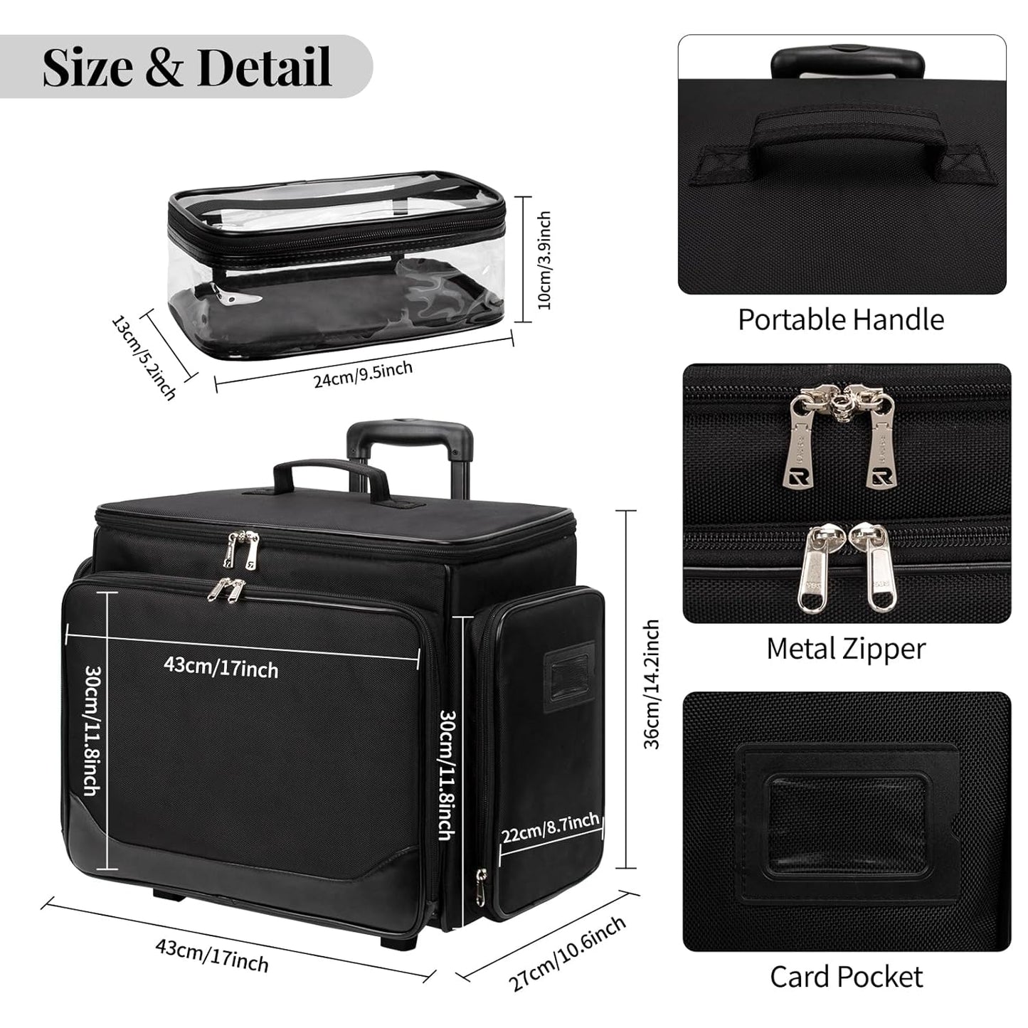 Rolling Extra Large Hairdresser Makeup Train Case with Heat Resistant Lining for Hot Hair Tools