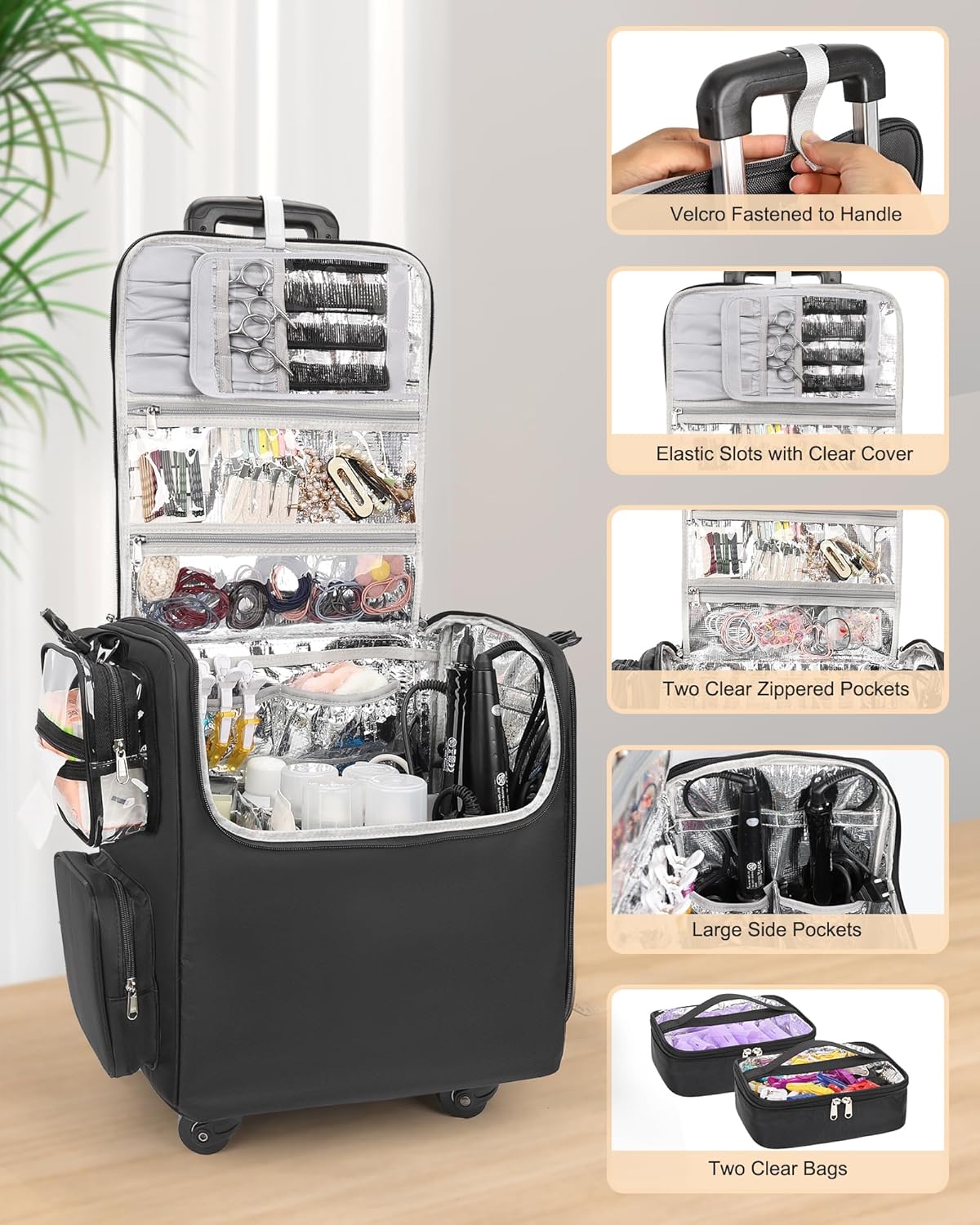 Rolling Hairstylist Makeup Train Case with 4 Wheels