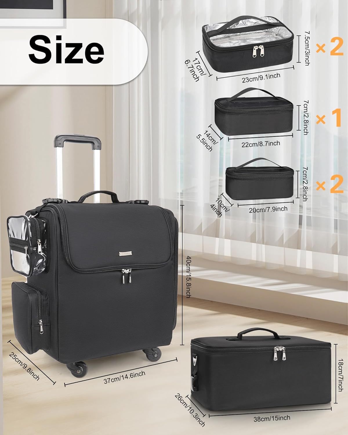 Rolling Hairstylist Makeup Train Case with 4 Wheels