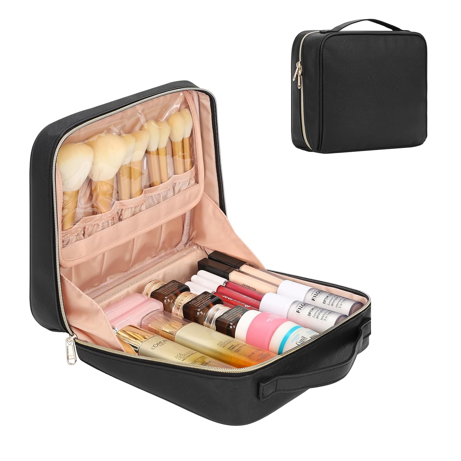 Relavel Travel Makeup Bag, Large Capacity Cosmetic Bags for Women, Make Up Organizer Case with Portable Handle, 90° Wide Open for Easily Access, Waterproof