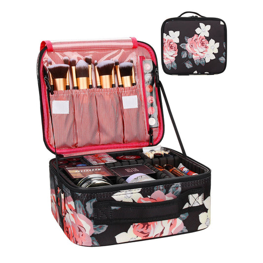 Black Flower Travel Makeup Case Professional Makeup Bag