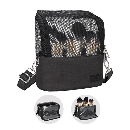 Black Small Makeup Brush Case with Shoulder Strap and Adjustable Divider