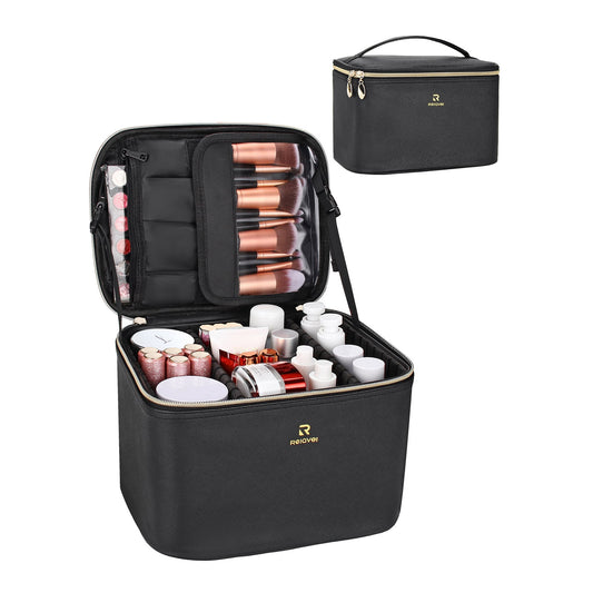 Black Small Makeup Case Vertical Cosmetic Bag Train Case Makeup Brush Holder Organizer Travel Bag Leather Water Resistant For Women and Girls