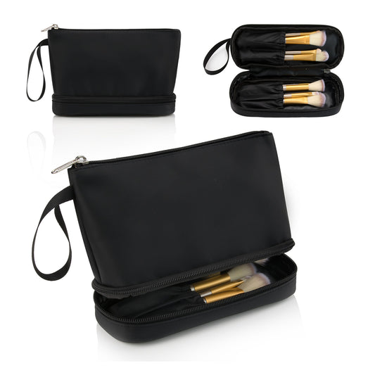 Black Small Travel Makeup Bag For Women Daily Double Layer Cosmetic Bag Portable Makeup Brush Bags