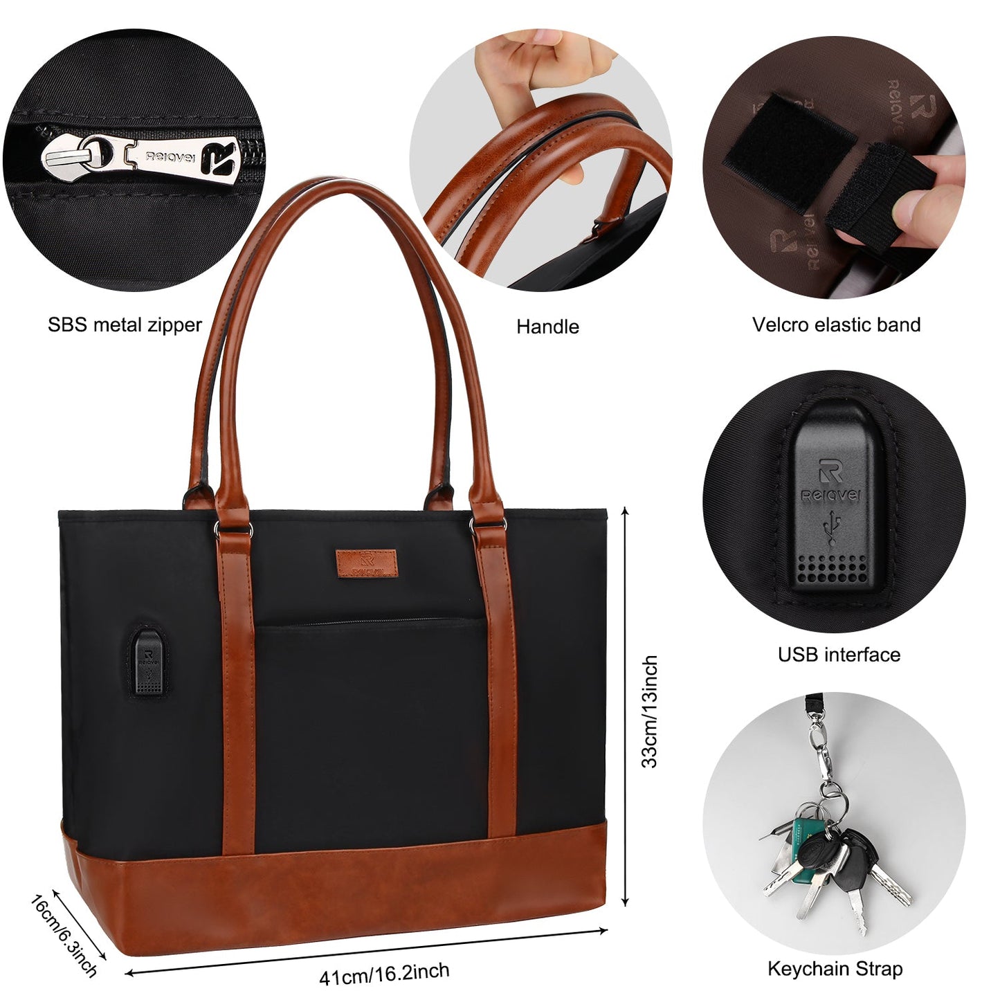 Brown USB Laptop Tote Bag for Women Work Bag 15.6 inch