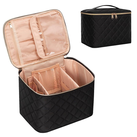 Relavel Makeup Bag,Large Travel Makeup Bag Organizer Cosmetic Bags for Women Washable Make Up Bag Makeup Organizer Case with Dividers - Large,Embossed Rhombus Black