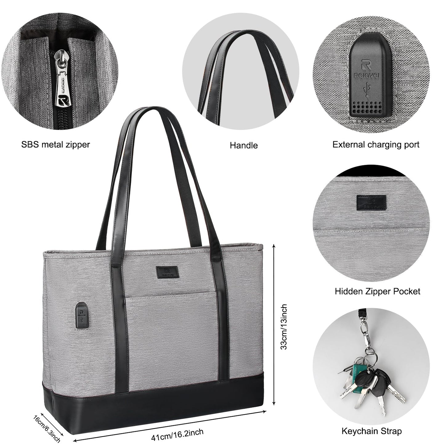 Gray USB Laptop Tote Bag for Women Work Bag 15.6 inch