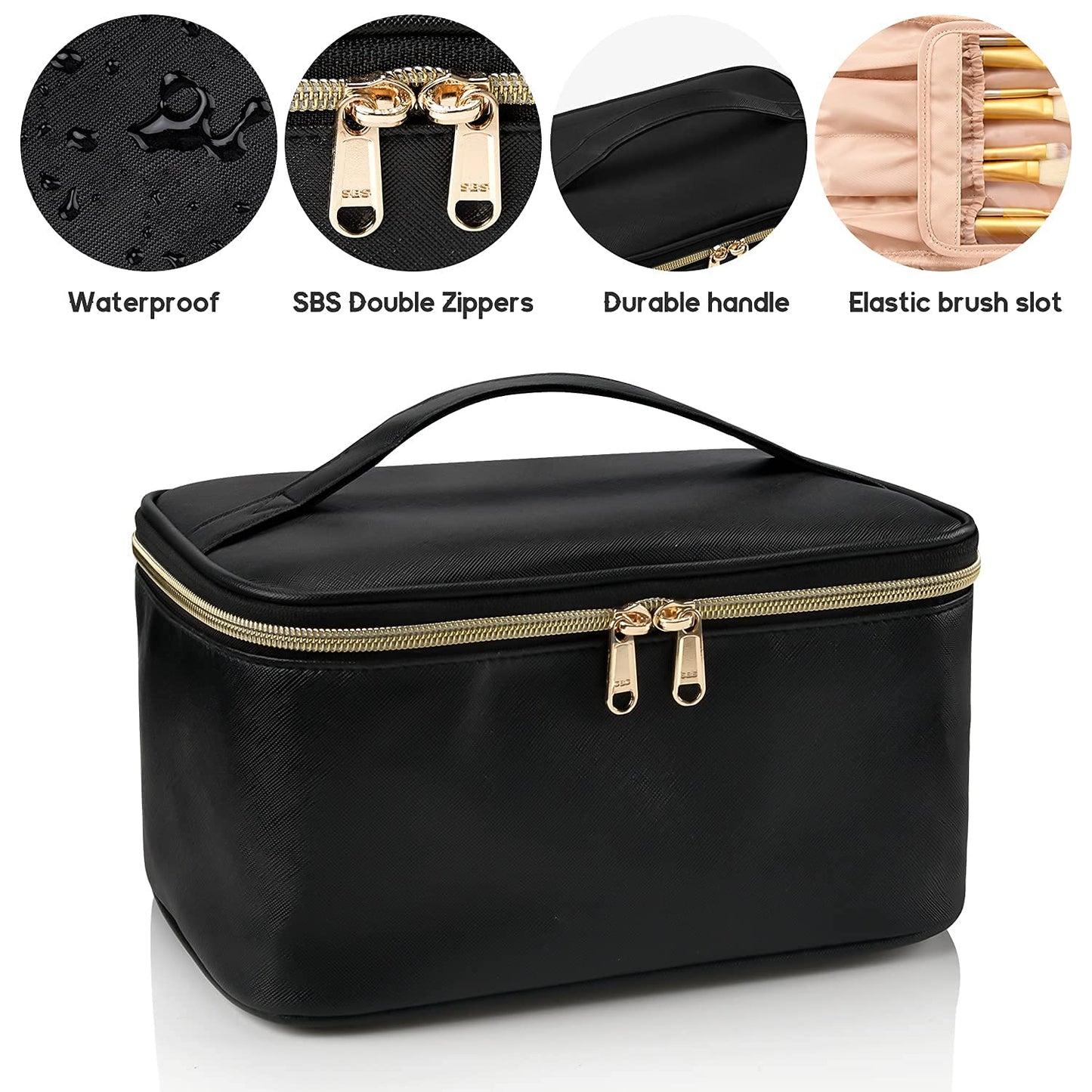 Large Portable Makeup Bag with Toiletries Brushes Slots and Divider-Black