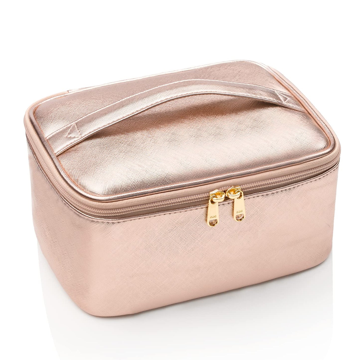 Large Portable Makeup Bag with Toiletries Brushes Slots and Divider-Rose Gold