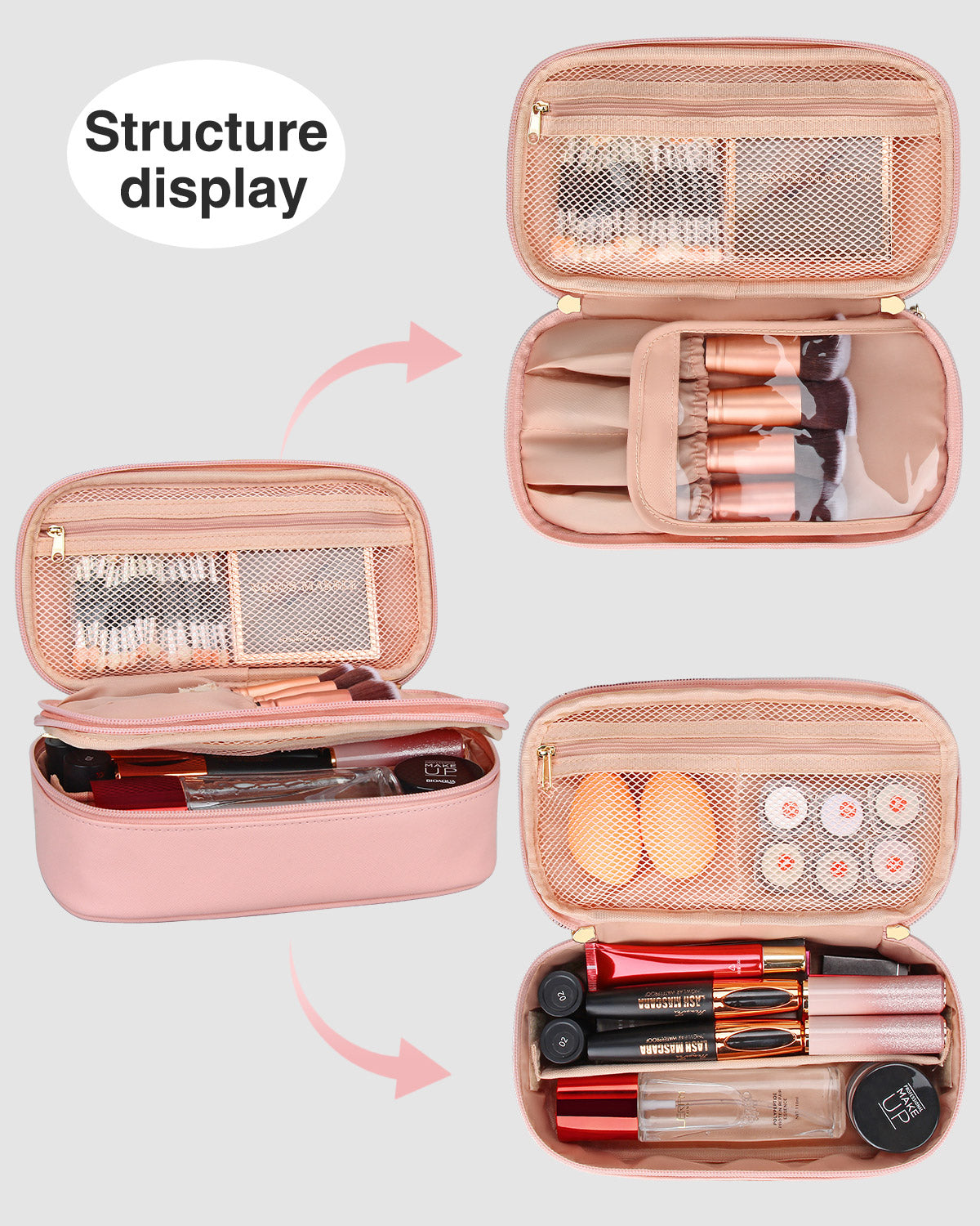 Pink Travel Cosmetic Bag for Women Girls Makeup Brushes Bag Portable 2 Layer Cosmetic Case