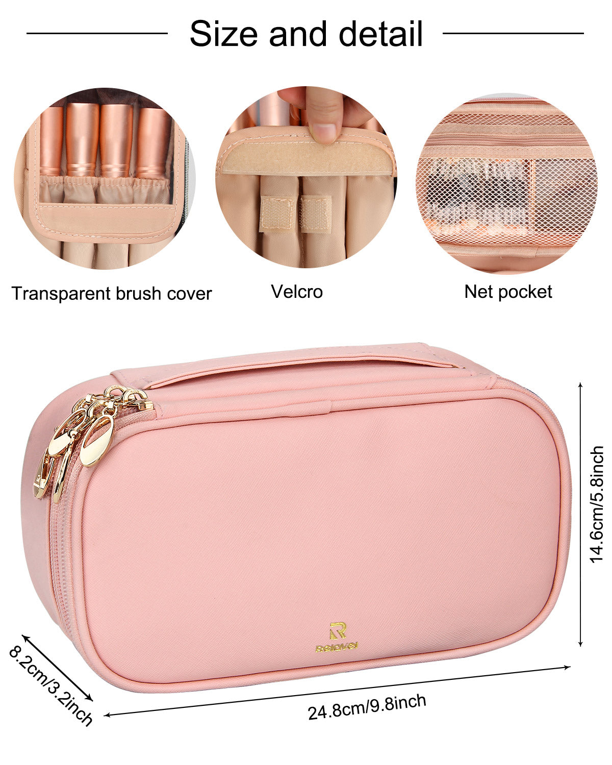 Pink Travel Cosmetic Bag for Women Girls Makeup Brushes Bag Portable 2 Layer Cosmetic Case